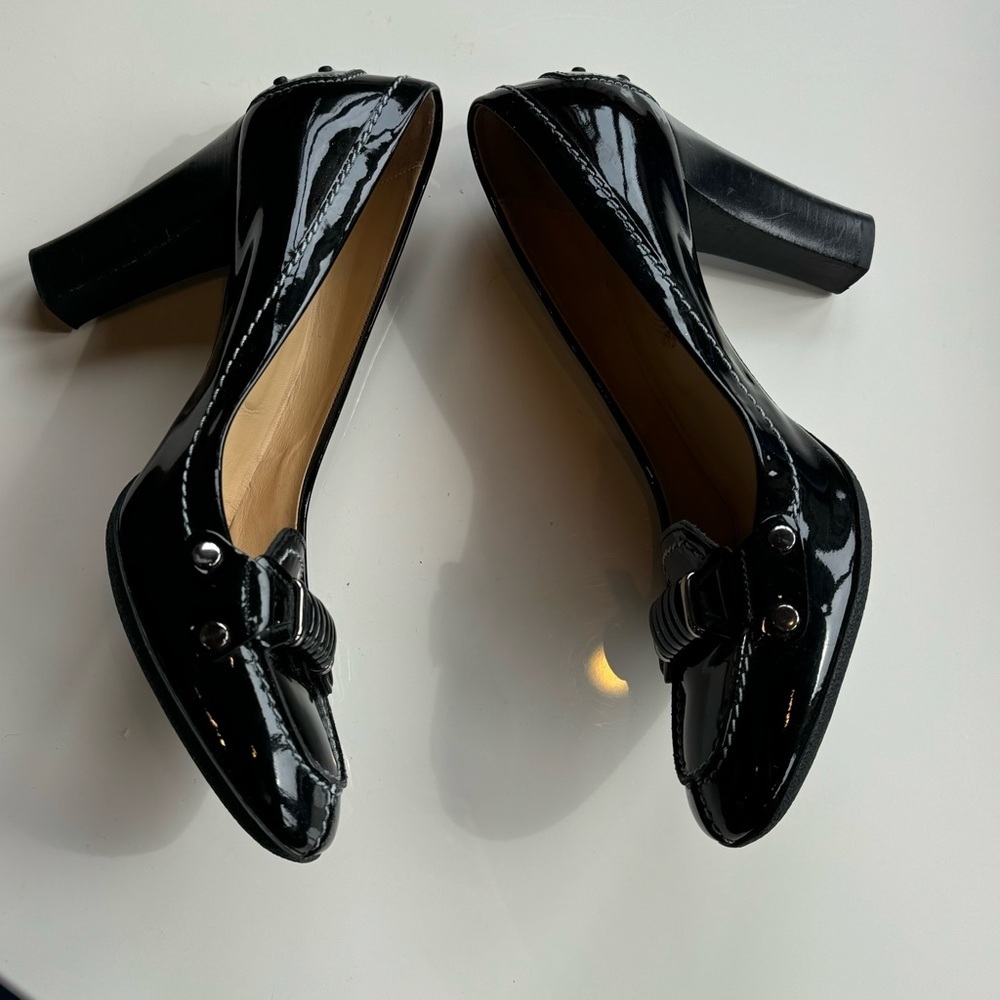 Tod's Black Patent Leather Block Heel Pumps